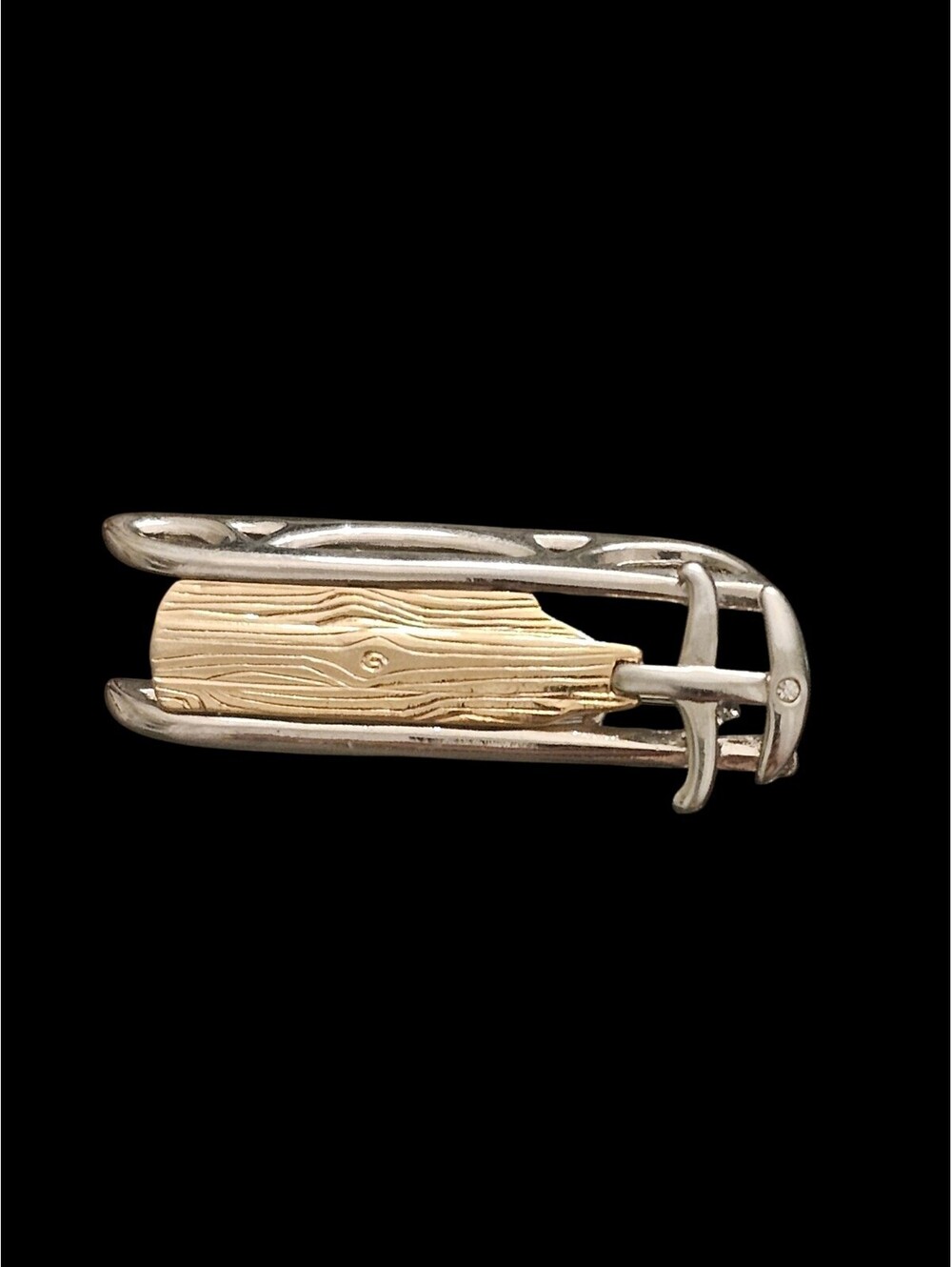 Vintage Liz Claiborne Two-Tone Silver & Woodgrain Winter Sled Brooch Pin